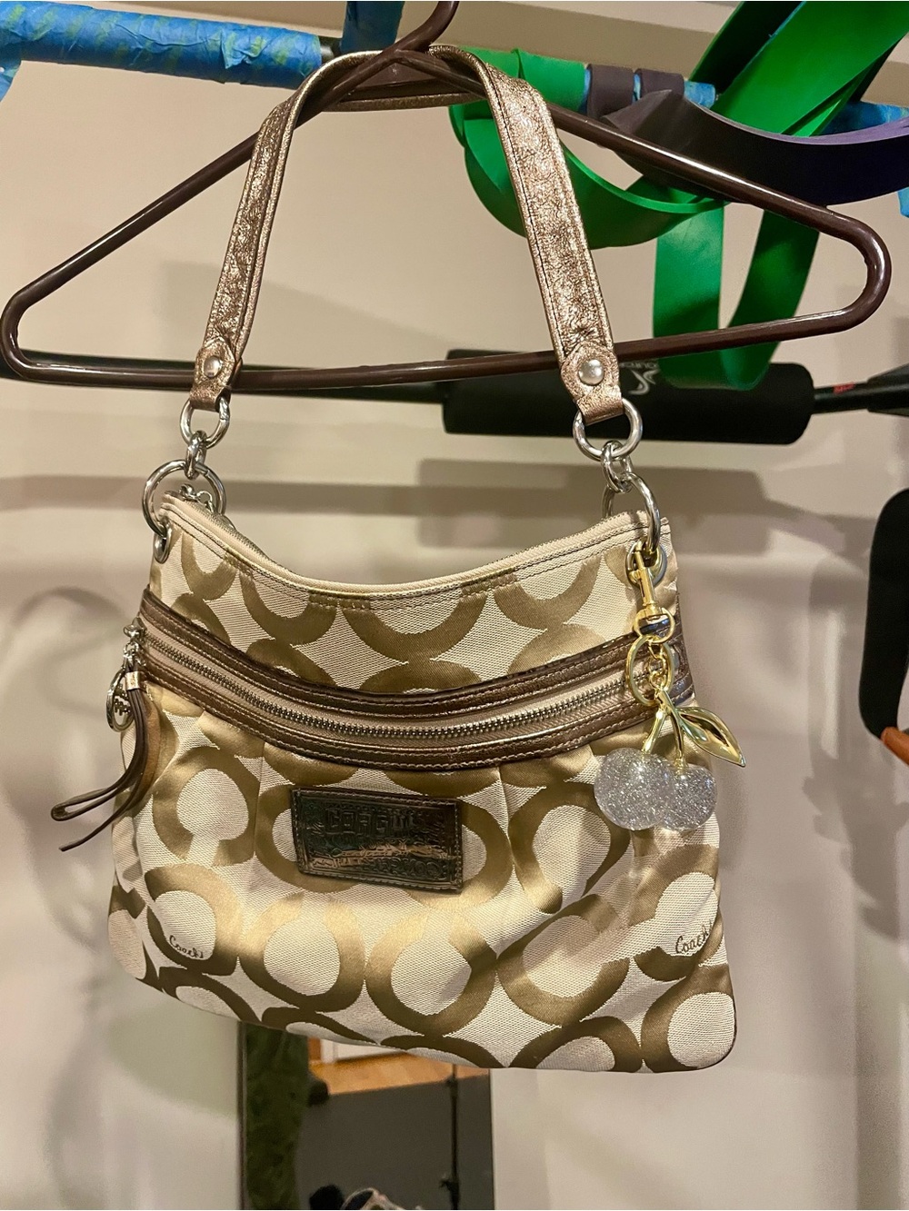 Coach Gold and Cream Signature Canvas Shoulder Bag with Charm